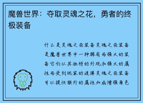 魔兽世界：夺取灵魂之花，勇者的终极装备